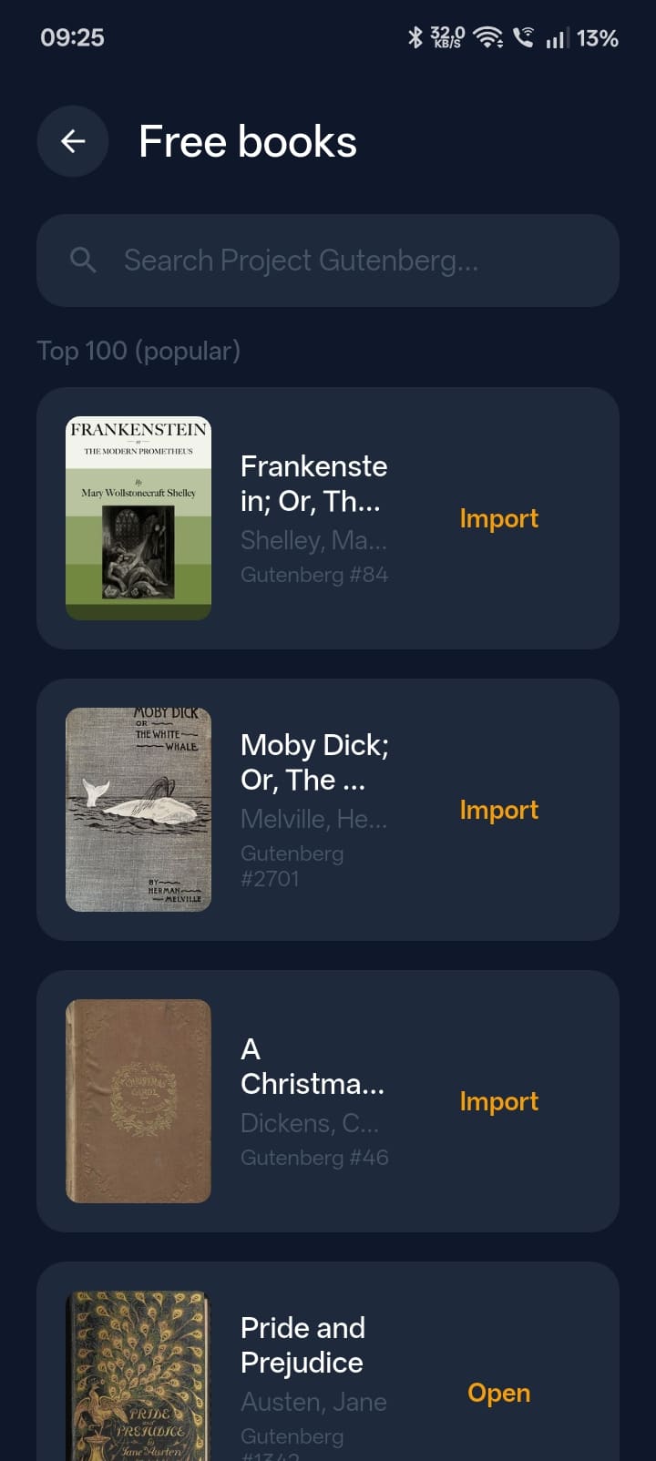 Eist app screen showing the Project Gutenberg free classics catalogue with cover thumbnails and titles like Dracula and Frankenstein