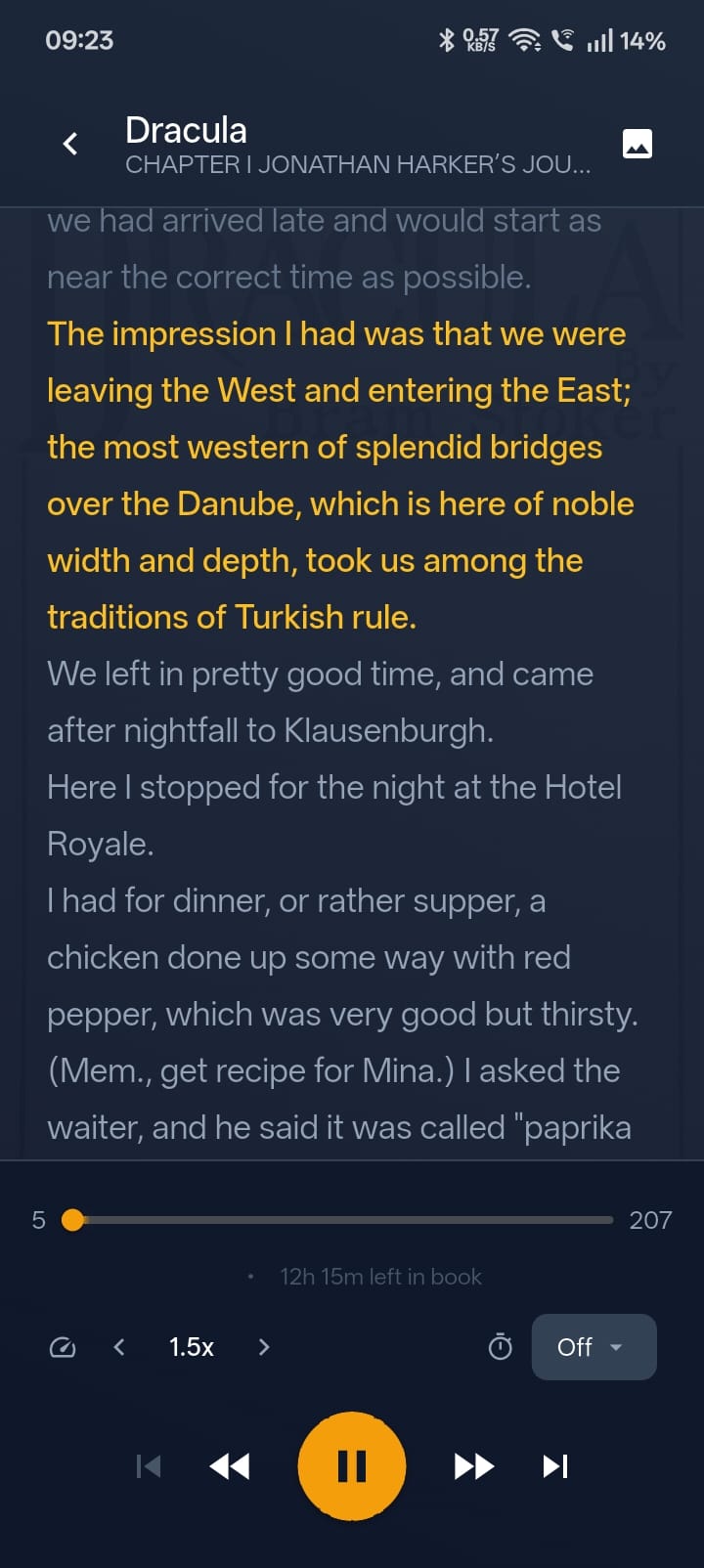 Eist audiobook reader app on iPhone — playing Dracula in dark mode, showing chapter navigation, playback speed controls, and sleep timer for offline EPUB-to-audiobook listening.